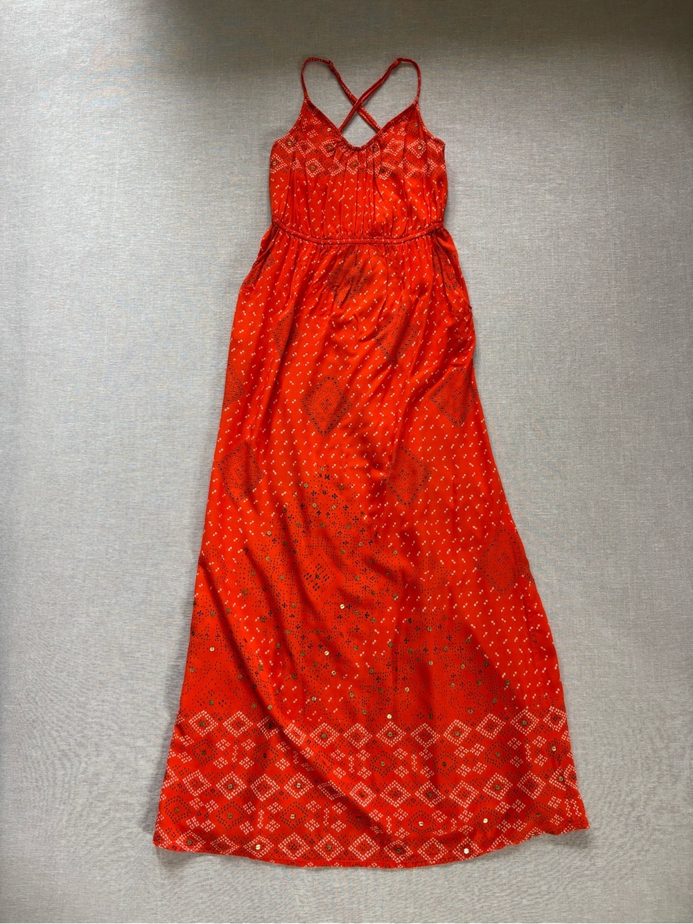 Lucky Brand orange & gold flowy boho maxi dress size XS